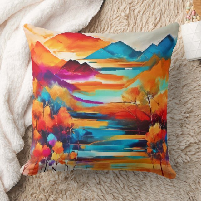 Vibrant Mountain Sunset Painting Cushion (Blanket)