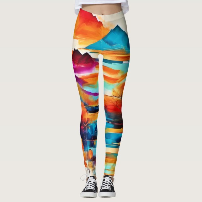 Vibrant Mountain Sunset Painting Leggings (Front)