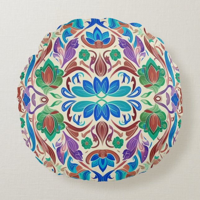 Vibrant multicolor floral fabric pattern design round cushion (Front)