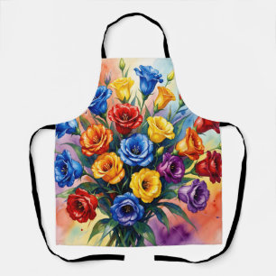 Vibrant Multicolor Roses Lisianthus Watercolor Apron