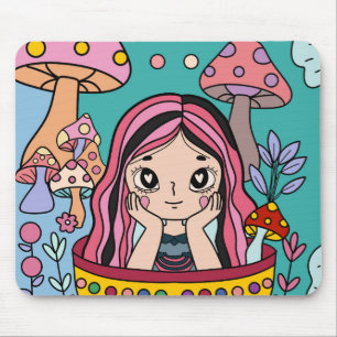 Vibrant Mushroom Forest & Cute Girl Illustration Mouse Pad