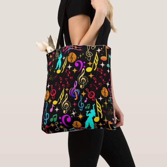 Vibrant musical notes patterns tote bag (Close Up)