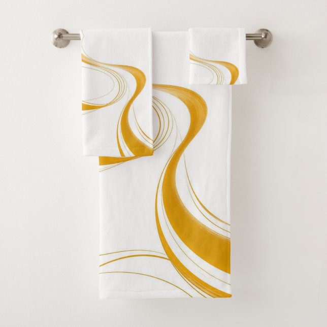 Vibrant Mustard Yellow Abstract Wave Summer Bath Towel Set (Insitu)