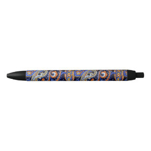 Vibrant Navy & Orange Bohemian Paisley Pattern Black Ink Pen