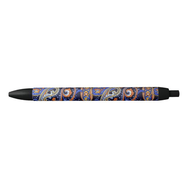 Vibrant Navy & Orange Bohemian Paisley Pattern Black Ink Pen (Front)