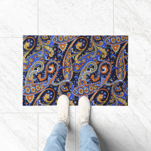 Vibrant Navy & Orange Bohemian Paisley Pattern Doormat