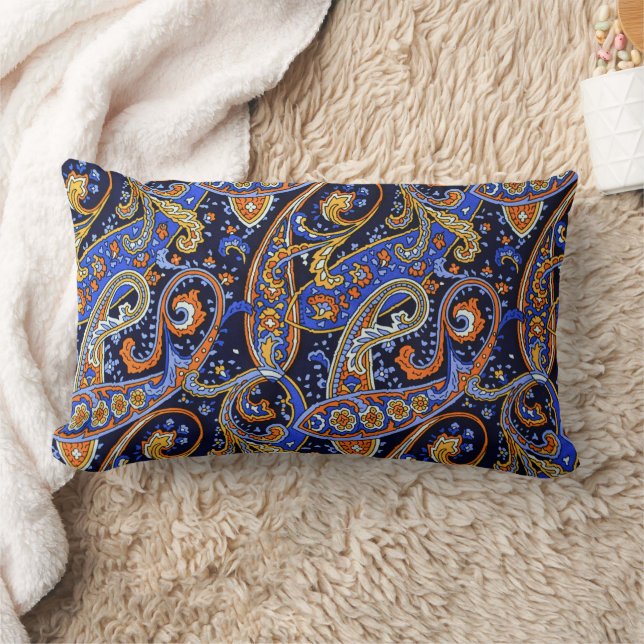 Vibrant Navy & Orange Bohemian Paisley Pattern Lumbar Cushion (Blanket)