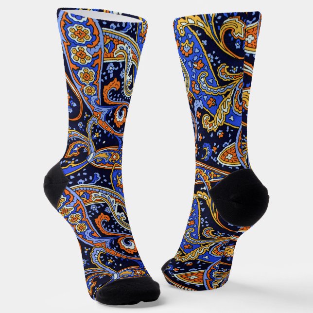 Vibrant Navy & Orange Bohemian Paisley Pattern Socks (Angled)