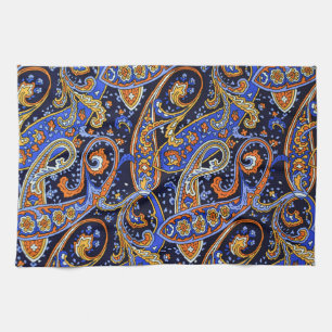 Vibrant Navy & Orange Bohemian Paisley Pattern Tea Towel