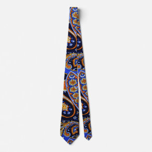 Vibrant Navy & Orange Bohemian Paisley Pattern Tie