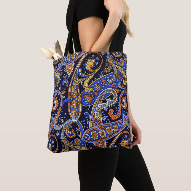 Vibrant Navy & Orange Bohemian Paisley Pattern Tote Bag (Close Up)