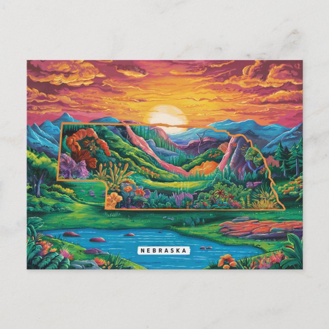 Vibrant Nebraska Map Art Postcard (Front)