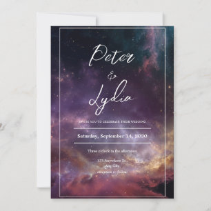 Vibrant Nebula Purple Red Gold Celestial Wedding Invitation