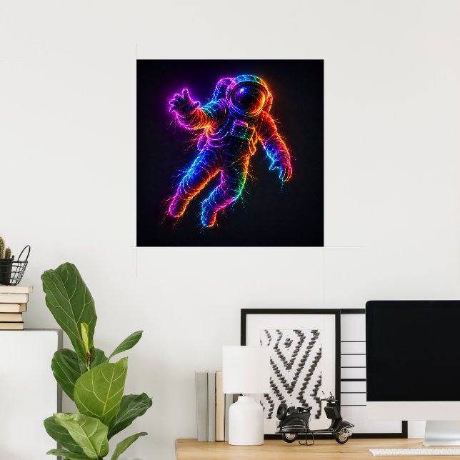Vibrant Neon Astronaut Floating in Space Wall Poster (Home Office)