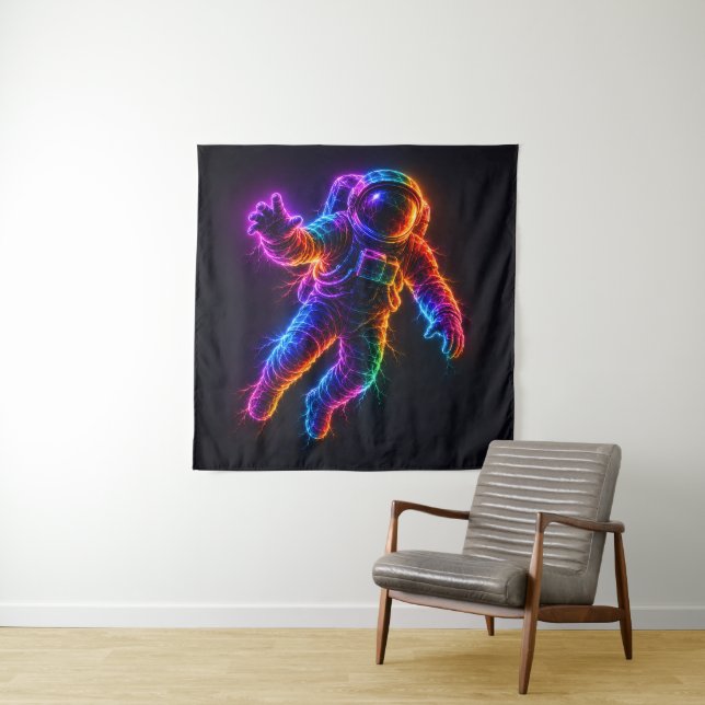 Vibrant Neon Astronaut Floating in Space Wall Tapestry (In Situ)