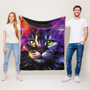 Vibrant Neon Cat Digital Art Fleece Blanket