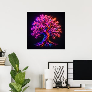 Vibrant Neon Cherry Blossom Tree with Electric Art Poster