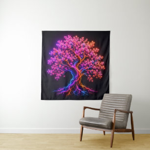 Vibrant Neon Cherry Blossom Tree with Electric Art Tapestry