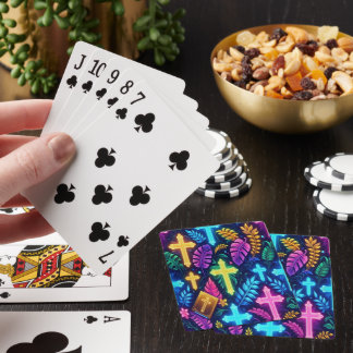 Vibrant Neon Crosses Amidst Tropical Leaves b Playing Cards