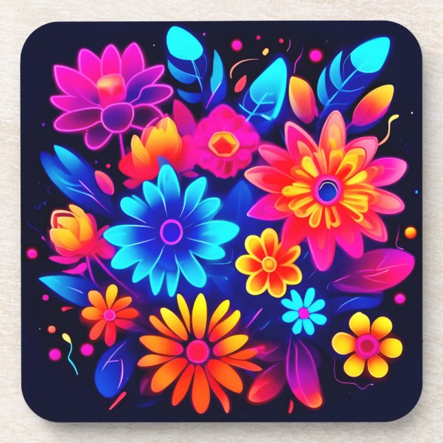 Vibrant Neon Floral Art Coaster (Front)