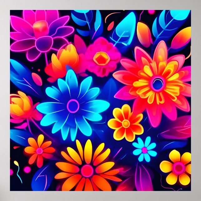 Vibrant Neon Floral Art Poster (Front)