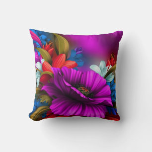 Vibrant Neon Floral Digital Art Illustration Cushion