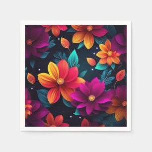 Vibrant Neon Flowers on Dark Napkin