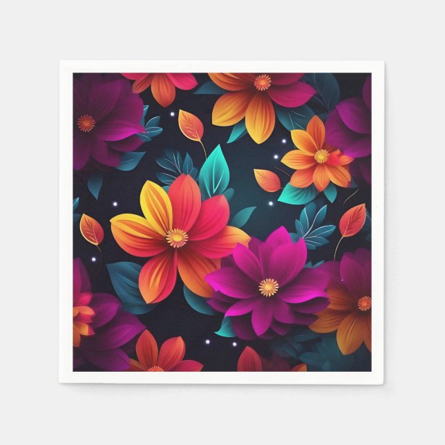 Vibrant Neon Flowers on Dark Napkin (Front)