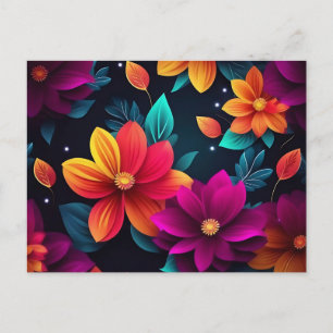 Vibrant Neon Flowers on Dark Postcard