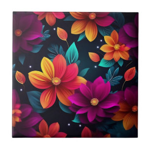 Vibrant Neon Flowers on Dark Tile