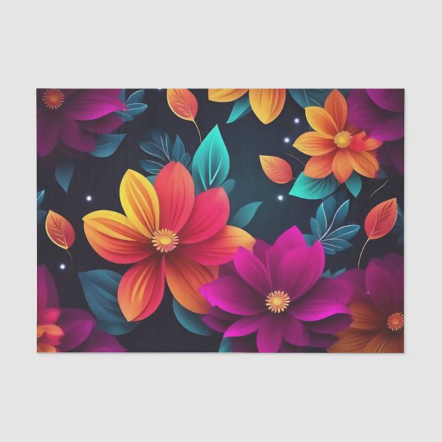 Vibrant Neon Flowers on Dark Tissue Paper (Front)
