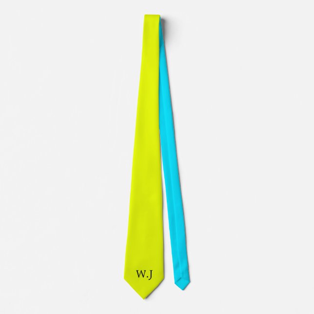 Vibrant neon fluorescent yellow blue monogram tie (Front)