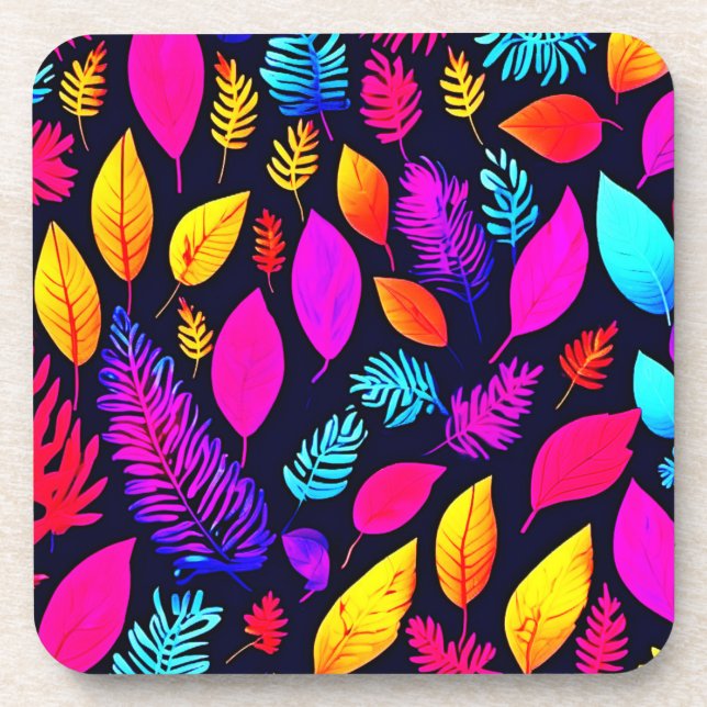 Vibrant Neon Foliage: Captivating Leaves Pattern Coaster (Front)
