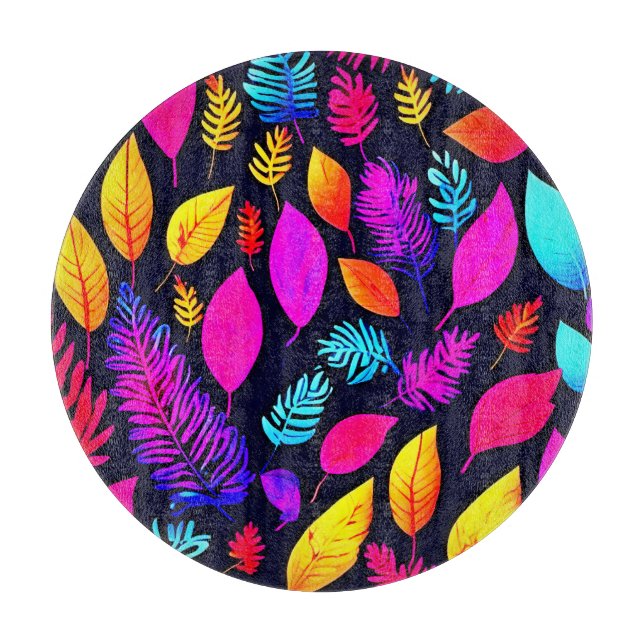 Vibrant Neon Foliage: Captivating Leaves Pattern Cutting Board (Front)