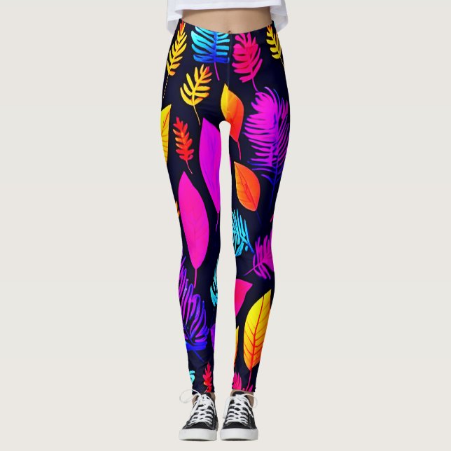 Vibrant Neon Foliage: Captivating Leaves Pattern Leggings (Front)