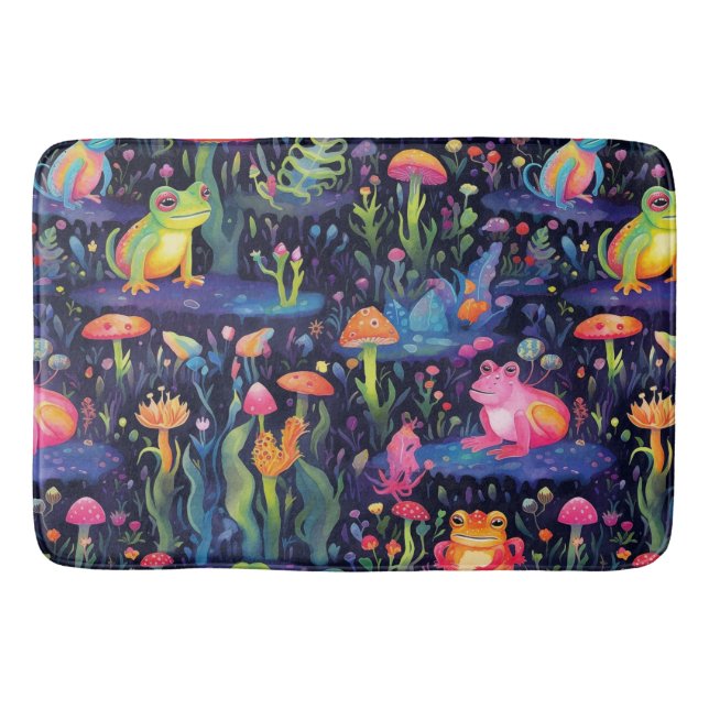 Vibrant neon frogs pattern bath mat (Front)