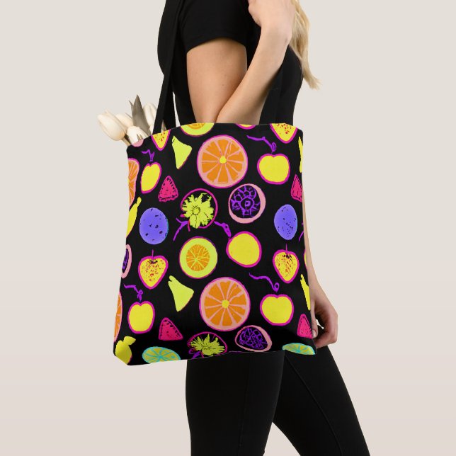 Vibrant Neon Fruits Artistry Tote Bag (Close Up)