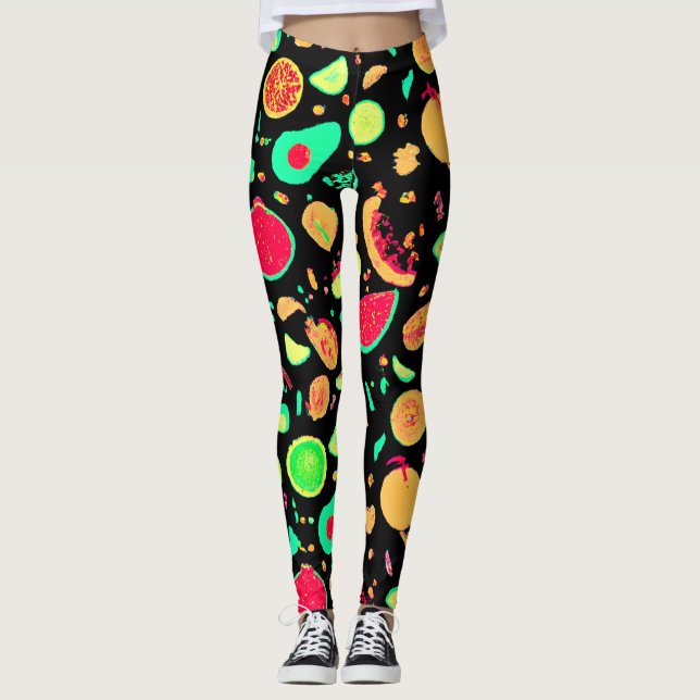 Vibrant Neon Fruits Pattern Leggings (Front)
