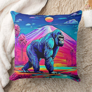 Vibrant Neon Gorilla in a Surreal Jungle Scene Cushion