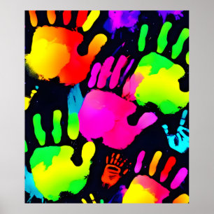 Vibrant Neon Handprint Art Poster