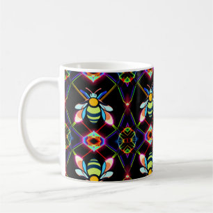 Vibrant Neon Honeybee with Abstract Hexagonal Coffee Mug