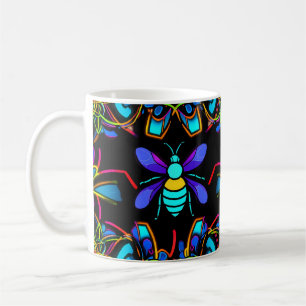 Vibrant Neon Honeybee with Abstract Hexagonal Coffee Mug