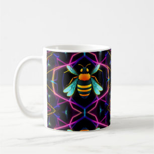 Vibrant Neon Honeybee with Abstract Hexagonal Coffee Mug