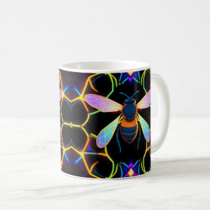 Vibrant Neon Honeybee with Abstract Hexagonal Coffee Mug