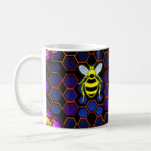 Vibrant Neon Honeybee with Abstract Hexagonal Coffee Mug