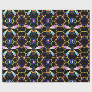 Vibrant Neon Honeybee with Abstract Hexagonal Wrapping Paper