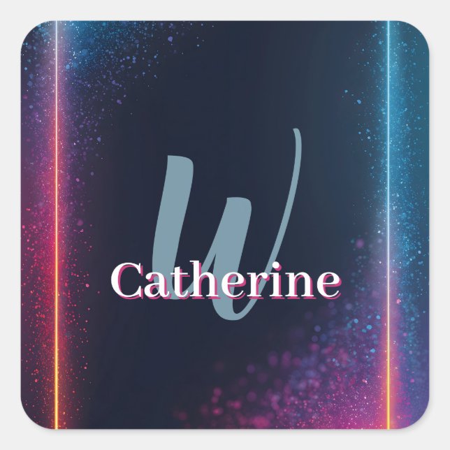 Vibrant Neon Light Frame with Custom Name Square Sticker (Front)
