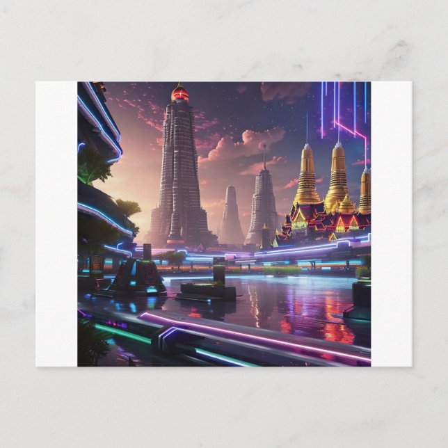 Vibrant Neon Lights of Cyberpunk Bangkok  Postcard (Front)