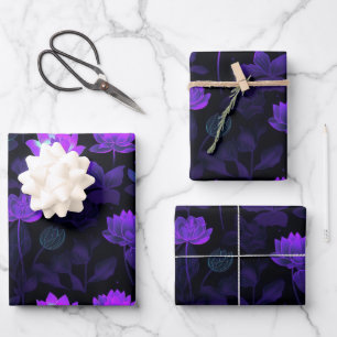 Vibrant Neon Lotus Flower Pattern Wrapping Paper Sheet