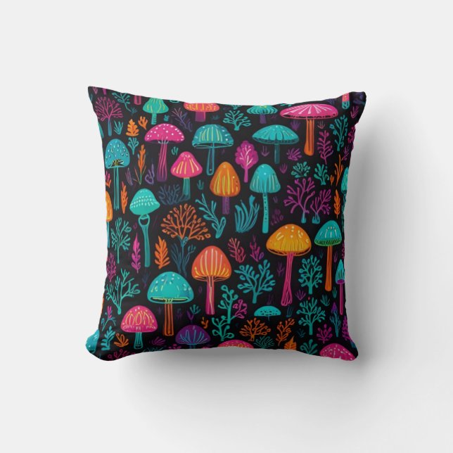 Vibrant Neon Mushroom Magic: Unique Patterns  Cushion (Front)